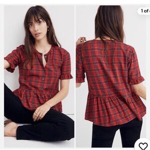 Madewell Studio Ruffle-Hem Top in Clanton Plaid, Size M, EUC